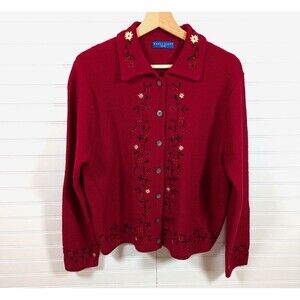 Vintage Karen Scott Christmas Sweater Cardigan Wool Embroidered Holiday Festive